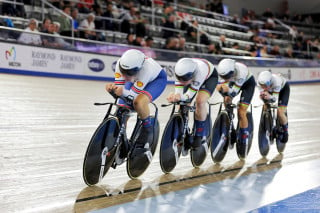 Women's team pursuit in action at the 2023 UCI Cycling World Championships