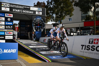 Bronze medal winners Lora Fachie and Corrine Hall in the women's tandem TT in Zurich