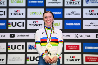 Anna Morris on the women's IP podium at the UCI 2024 Tissot Track World Championships