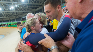 Team GB's Becky James celebrates with her family and partner George North after she wins keirin silver in Rio